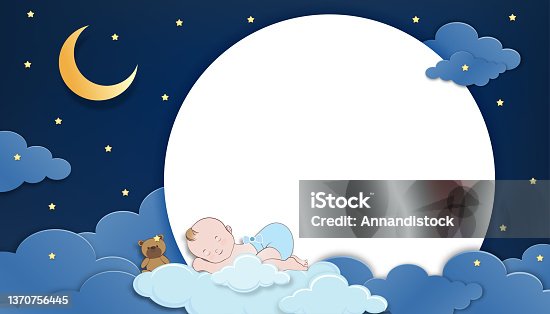 istock Baby shower card,Cute little boy and teddy bear sleeping on fluffy cloud with crescent moon and dark blue sky at night background, Vector Paper cut cloudscape backdrop with copy space for baby's photo 1370756445