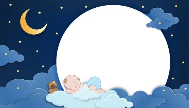 Vector illustration of Baby shower card,Cute little boy and teddy bear sleeping on fluffy cloud with crescent moon and dark blue sky at night background, Vector Paper cut cloudscape backdrop with copy space for baby's photo