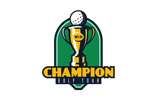 Logo, emblem of a golf champion. Colorful emblem of the cup with the ball on the background of the shield. Golf champion logo template, championship winner, league cup winner. Vector illustration.