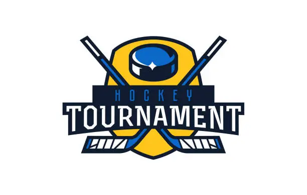 Vector illustration of Ice hockey tournament logo, emblem. Colorful emblem of the championship with the puck and sticks on the background of the shield. Ice hockey sport tournament logo template.Isolated vector illustration
