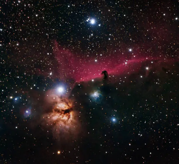 Flame and Horsehead nebulas and stars seen in the late winter in the northern hemisphere