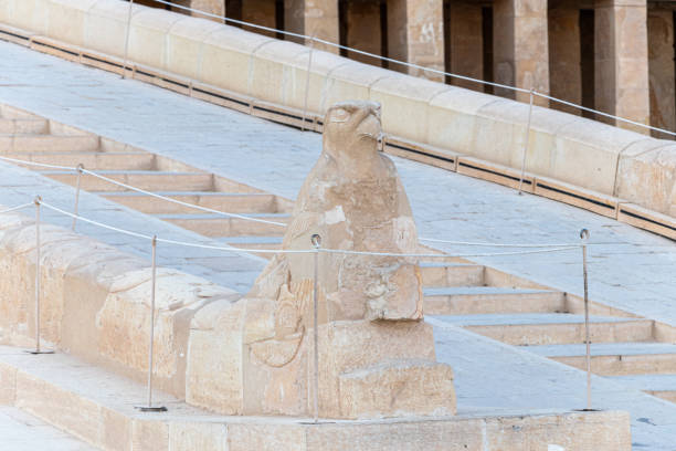 Deir el-Bahari the Mortuary Temple of Hatshepsut. The statue of the falcon . Deir el-Bahari the Mortuary Temple of Hatshepsut. Statue of the falcon and the ramp leading to the Upper Terrace in Luxor Egypt el bahari stock pictures, royalty-free photos & images