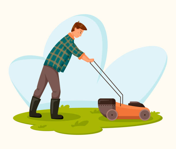 Vector male gardener worker with electric lawn mower. Vector cartoon male gardener worker with electric lawn mower. lawn mower clip art stock illustrations