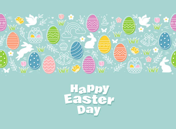 illustrazioni stock, clip art, cartoni animati e icone di tendenza di icone di pasqua senza cuciture con uova colorate, fiori, coniglietti e farfalle - easter or easter bunny or easter egg or easter basket not business not silhouette not religion