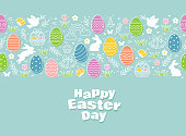 istock Easter seamless pattern icons with colorful eggs, flowers, bunnies and butterfly 1370761568