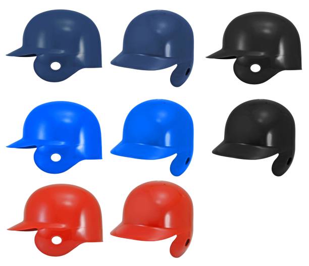 Set of Batting Baseball Helmet. Set of Red Color Black Color Blue Color Baseball or Softball Batting Helmet on White Background stock photo. baseball helmet stock pictures, royalty-free photos & images