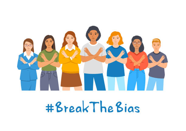 Break the bias women with crossed arms campaign Break the bias campaign. Diverse women stand with crossed arms pose to stop gender discrimination and fight stereotypes. People equality movement of 2022 International Women Day. Flat vector illustration breaking glass ceiling stock illustrations