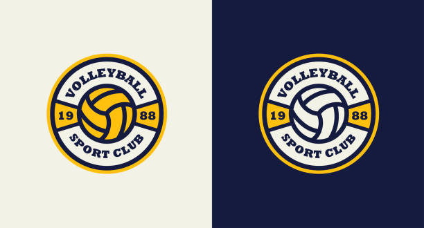 バレーボールチームスポーツカラフルなヴィンテージロゴ。青と黄色のエンブレム。明るいと濃い青色の背景にレトロボール ロゴ - ボレー点のイラスト素材／クリップアート素材／マンガ素材／アイコン素材