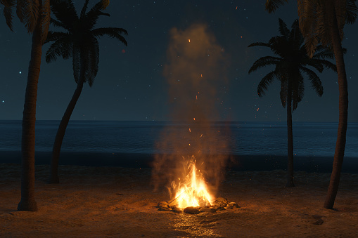 3d rendering of bright onfire with sparks and particles in front of starry sky and palm trees at sand beach