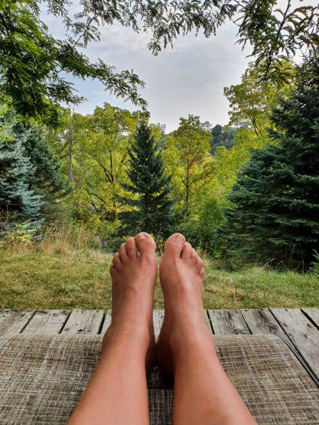 istock Female's bare feet in tree area 1370768387