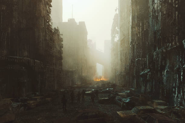 Apocalyptic city war zone Apocalyptic city war zone - 3D generated image with a paint over. the ruined city stock pictures, royalty-free photos & images