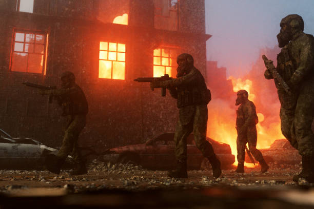 istock Soldiers walking in burning city 1370769862