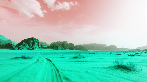 Mysterious cosmic landscape, virtual reality. Abstract space with sand and rocks. Modern pacific pink and lime green colors light spectrum. Mysterious cosmic landscape, virtual reality. extinction rebellion photos stock pictures, royalty-free photos & images
