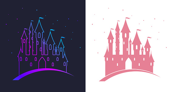 Princess fairytale castle. Night and day view. Flat vector illustration isolated on white and black background.