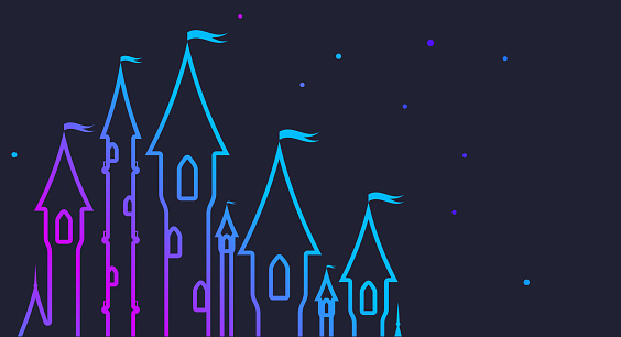 Magic multi-towered palace of the princess surrounded by the starry sky. Fairytale castle. Flat vector illustration isolated on night blue background.