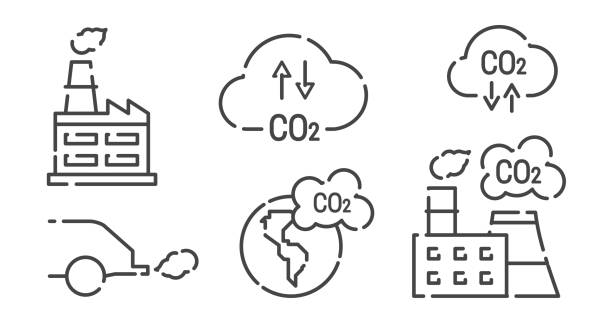 CO2, carbon dioxide emissions, vector line icon set. Flat illustration isolated on white CO2, carbon dioxide emissions, vector line icon set. Factory, car exhaust, planet earth, cloud. Flat illustration isolated on white background. low carbon economy stock illustrations