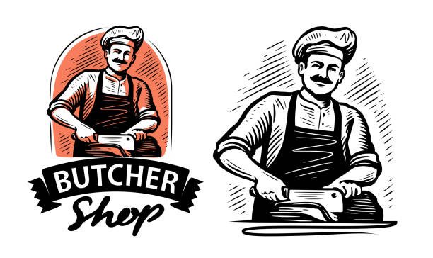 kuvapankkikuvitukset aiheesta kokki leikkaa lihapalan kirveellä. lihakaupan tunnus. vintage luonnos vektori kuva - lihakauppa