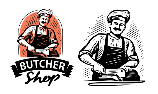 Chef cuts piece of meat with cleaver. Butcher shop emblem. Vintage sketch vector illustration