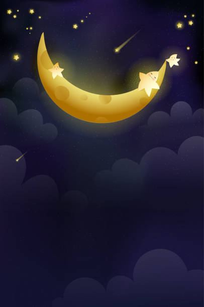 Golden Shiny Crescent Moon in Starry Night Sky Golden moon with shiny stars sleeping at night, poster with clouds stars and a crescent. Cute moon and stars lullaby vertical wallpaper. Vector illustration of night sky for children and kids. bedtime stock illustrations