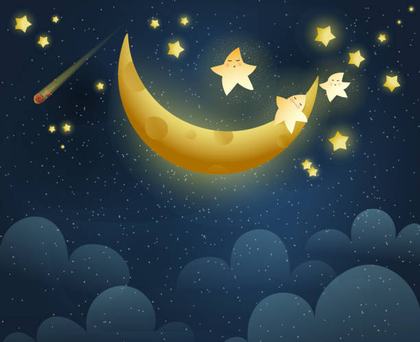 golden moon sleeping and stars nocna tapeta - childrens music stock illustrations