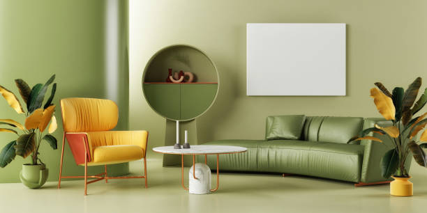 Abstract architecture - interior design with mock-up poster, pastel colored interior, decoration and plants, 3d illustration
