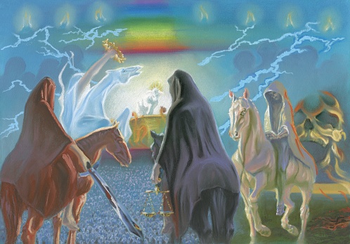 a graphic image based on a biblical story: the four horsemen of the Apocalypse standing before the Lamb of God, who removes the seven seals from the book of life