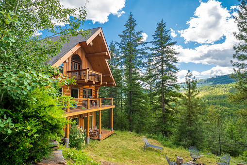 A 3 story upscale log home with decks in the mountains near Coeur d'Alene, Idaho, USA
