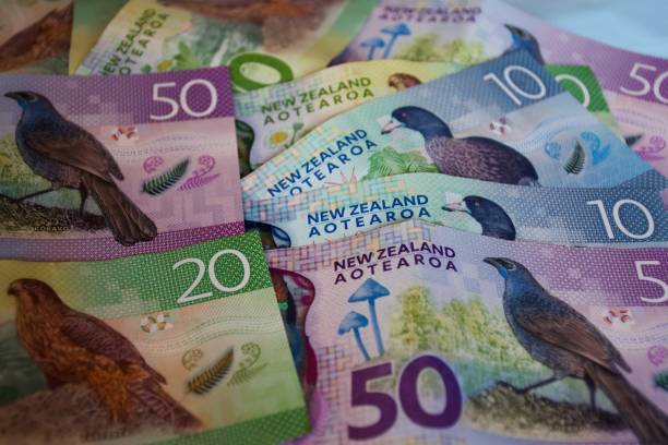 New Zealand Dollar Notes Money (NZD) Background A mixture of New Zealand Dollar money bank notes in a background. new zealand dollar photos stock pictures, royalty-free photos & images