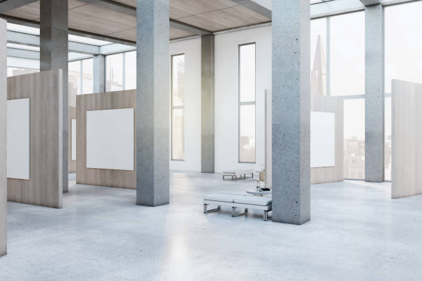 istock Modern wooden and concrete gallery interior with empty white mock up banner, columns, window with city view and daylight. 3D Rendering. 1370783752