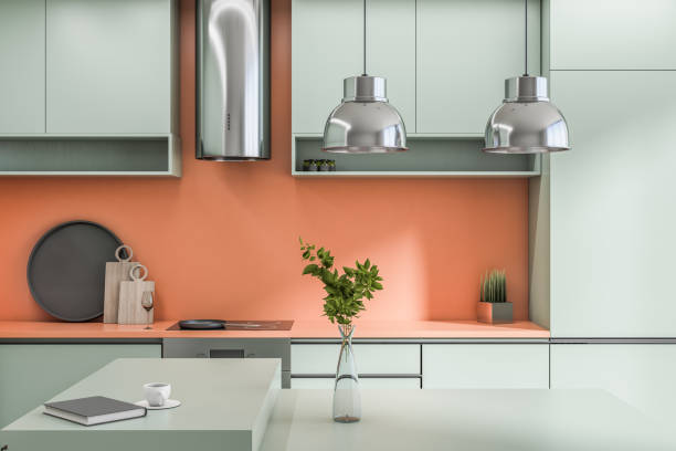 istock Modern concrete kitchen interior with daylight, furniture and island. Design concept. 3D Rendering. 1370783763