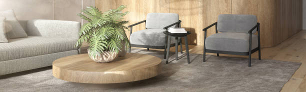 istock Modern lighting beige interior scandinavian design. Banner website. 3d render illustration boho living room with sun light and wooden furniture. 1370784357