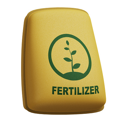 Fertilizer for the garden. 3D render, isolate. Beautiful image of a bag of fertilizer. Land work. Work in the garden. Illustration in cartoon style. Gardening at home. Plant care.