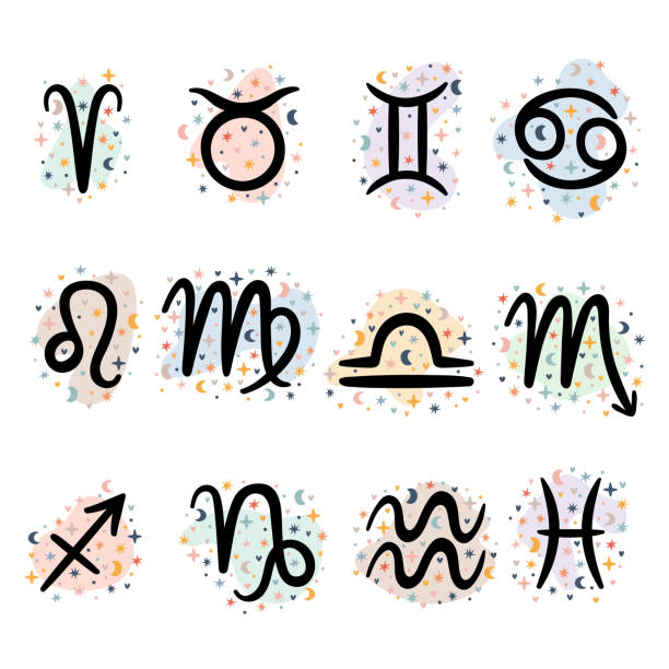 illustrations, cliparts, dessins animés et icônes de ensemble de signes du zodiaque dessinés à la main. symboles mystiques astrologiques, icônes. horoscope. étoiles - medium group of objects