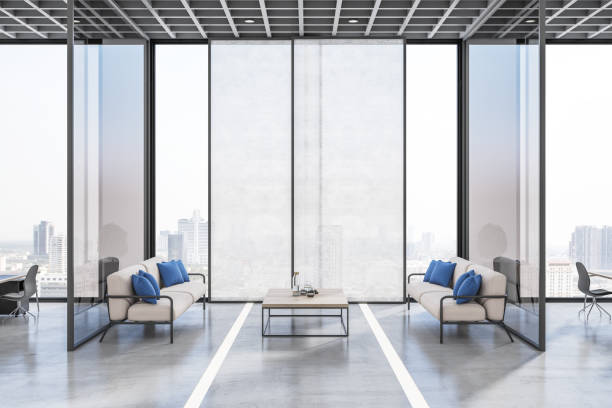 istock Modern office interior with panoramic city view, waiting area with couch and coffee table and other items. Design concept. 3D Rendering. 1370787531