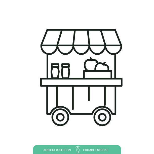 Farmer's Market Cart Agriculture Line icon On A Transparent Background Farmer's Market Cart Farming & Agriculture icon on a transparent base. The icon can be placed on any color background. The lines are editable. Contains vector eps file and high-resolution jpg, farmers market stock illustrations