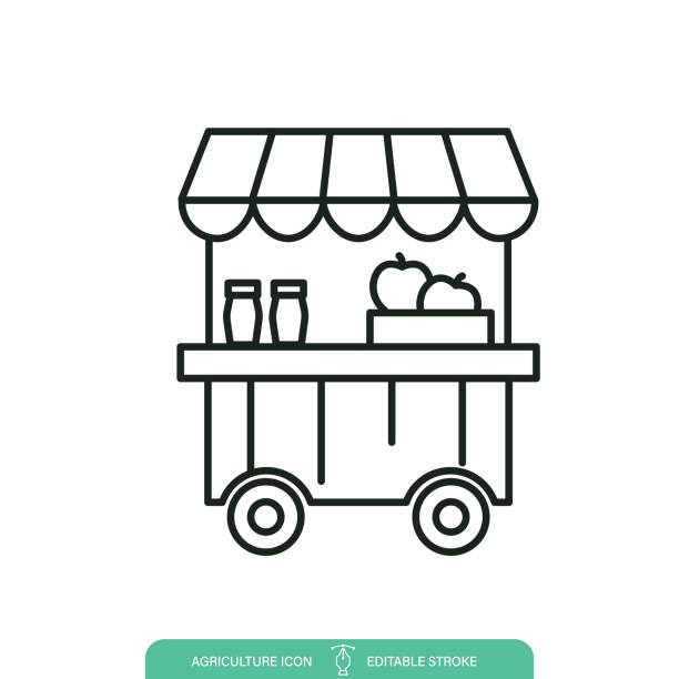 Farmer's Market Cart Agriculture Line icon On A Transparent Background Farmer's Market Cart Farming & Agriculture icon on a transparent base. The icon can be placed on any color background. The lines are editable. Contains vector eps file and high-resolution jpg, fruit cart vendor stock illustrations