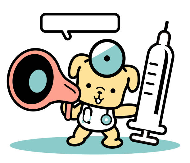 Cute dog doctor standing with a syringe, stethoscope, spreading the message through a megaphone Cute animal characters vector art illustration.
Cute dog doctor standing with a syringe, stethoscope, spreading the message through a megaphone. rescue dogs stock illustrations