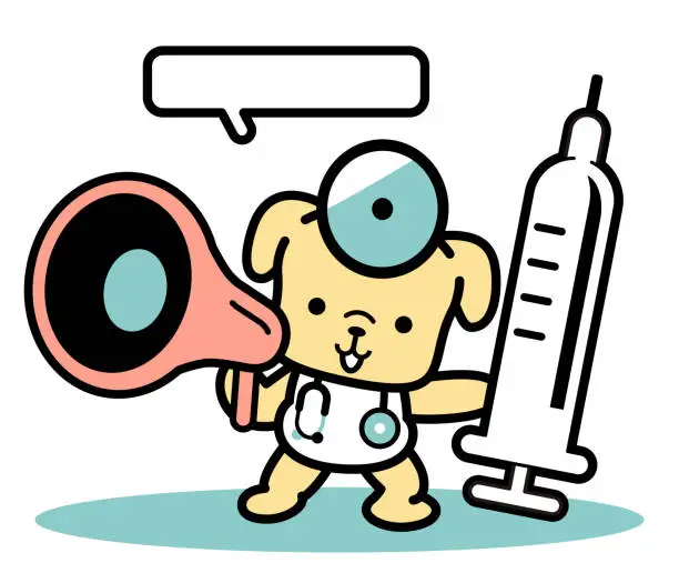 Vector illustration of Cute dog doctor standing with a syringe, stethoscope, spreading the message through a megaphone