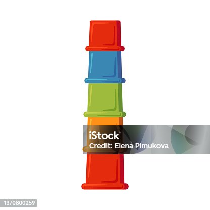 istock Multicolored children pyramid with plastic cup. Baby multicolored sorters. Montessori education logic toy for early childhood development. Vector illustration isolated on white background 1370800259