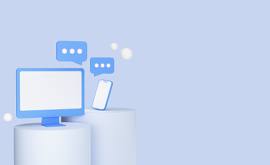 Online correspondence via computer and phone. Speech bubbles with dots. Horizontal header for website. Banner template with empty copy space for promotion. White screen mockup. 3D Rendering