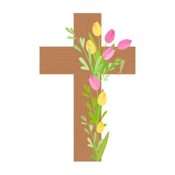 istock Wooden cross decorated with beautiful flowers - tulips. Easter 1370801067