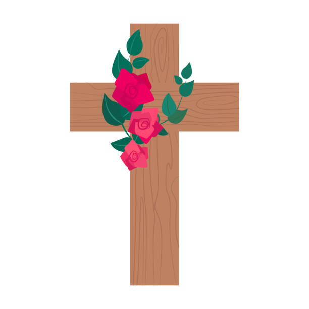 istock Wooden cross decorated with a bouquet of red roses 1370801071