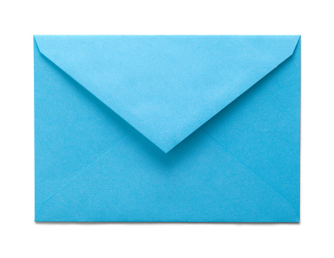 Open Blue Paper Envelope Cut Out on White.