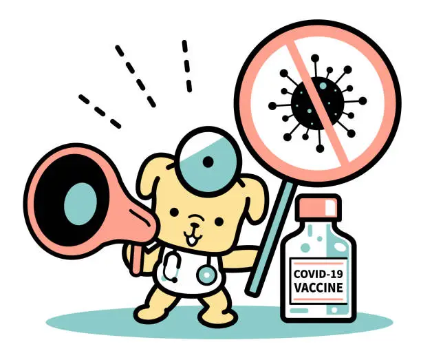 Vector illustration of Cute dog doctor announcing through a megaphone and standing near a vaccine bottle fighting against coronavirus (COVID-19, flu virus)