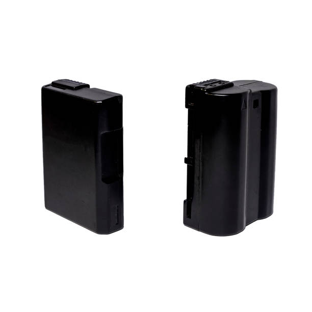 Generic lithium batteries for DSLR camera on isolated white backdrop. EN-EL-14 and EN-EL-15 (right) for Nikon.