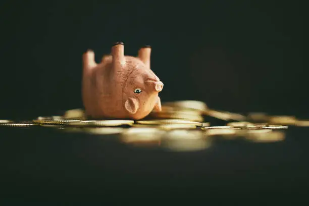 Cute pink pig upside down on a pile of gold coins. Rolling in dough or money