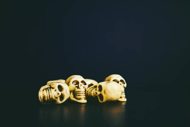 Black background with a collection of miniature skulls for Halloween. Copy space