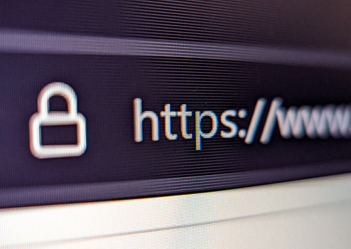 Closeup view of internet browser address bar with security lock icon and url text
