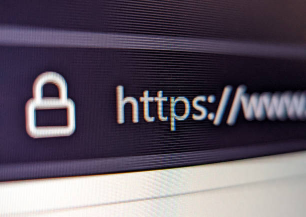 Closeup view of internet browser address bar with security lock icon and url stock photo
