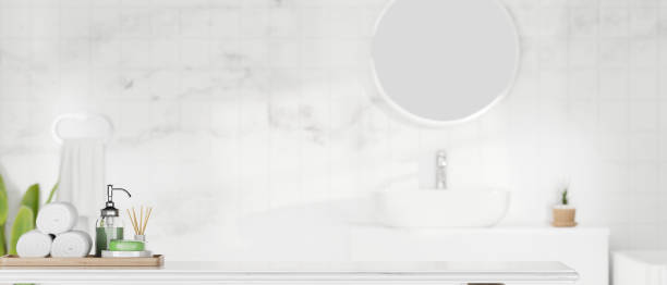 istock Modern white bathroom tabletop with copy space and a set of bathroom product 1370816653